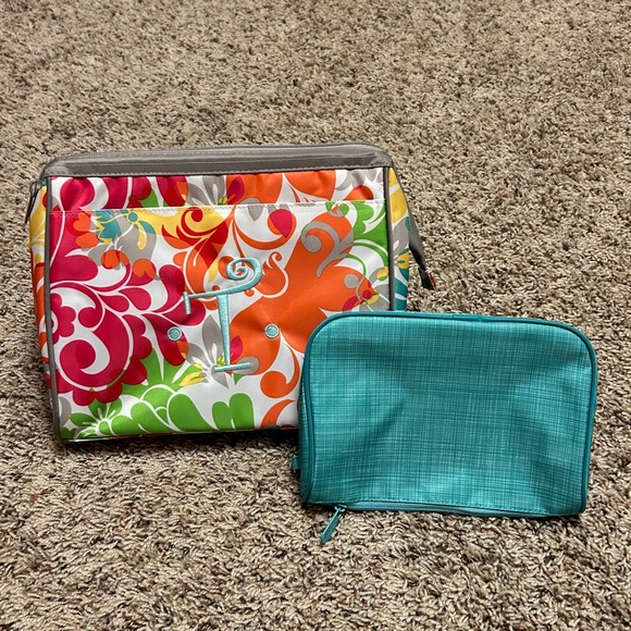 Thirty-One Cosmetic Bag Set - Island Damask & Turquoise Teal 9X10 Plastic Lined - Picture 9 of 12